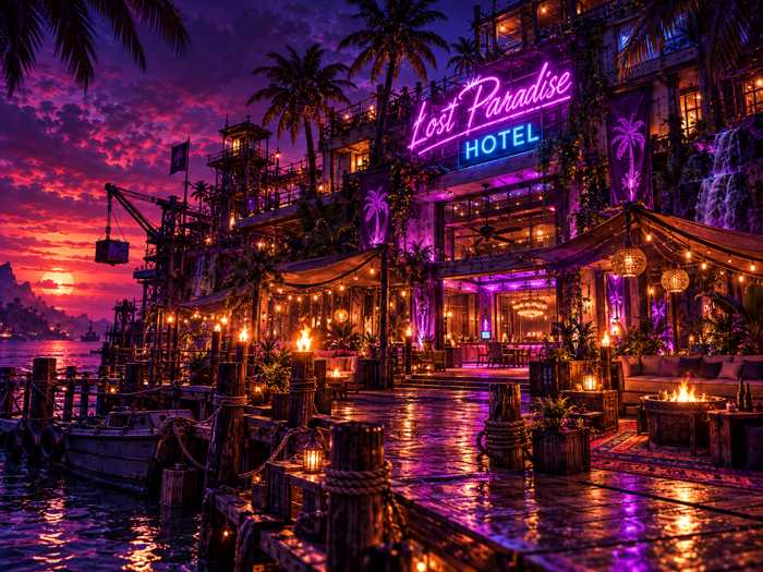 Lost Paradise neon hotel hub on the custom 5X Rust PvE server
