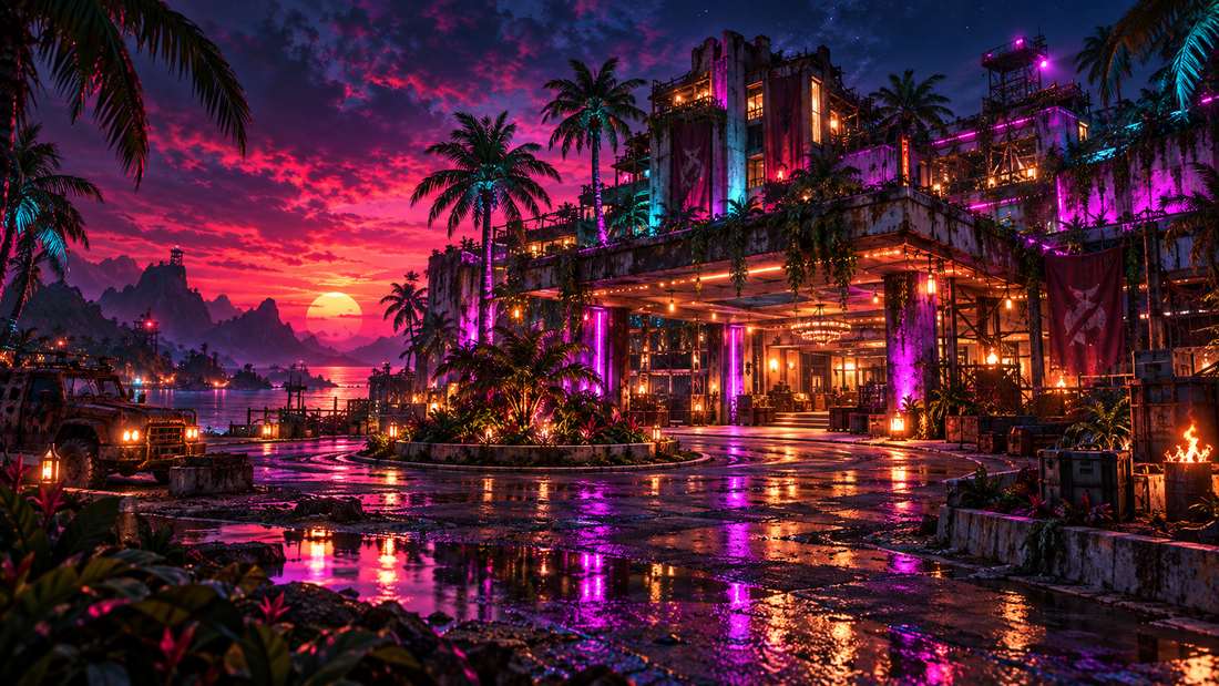 The LOST PARADISE Hotel hub at night
